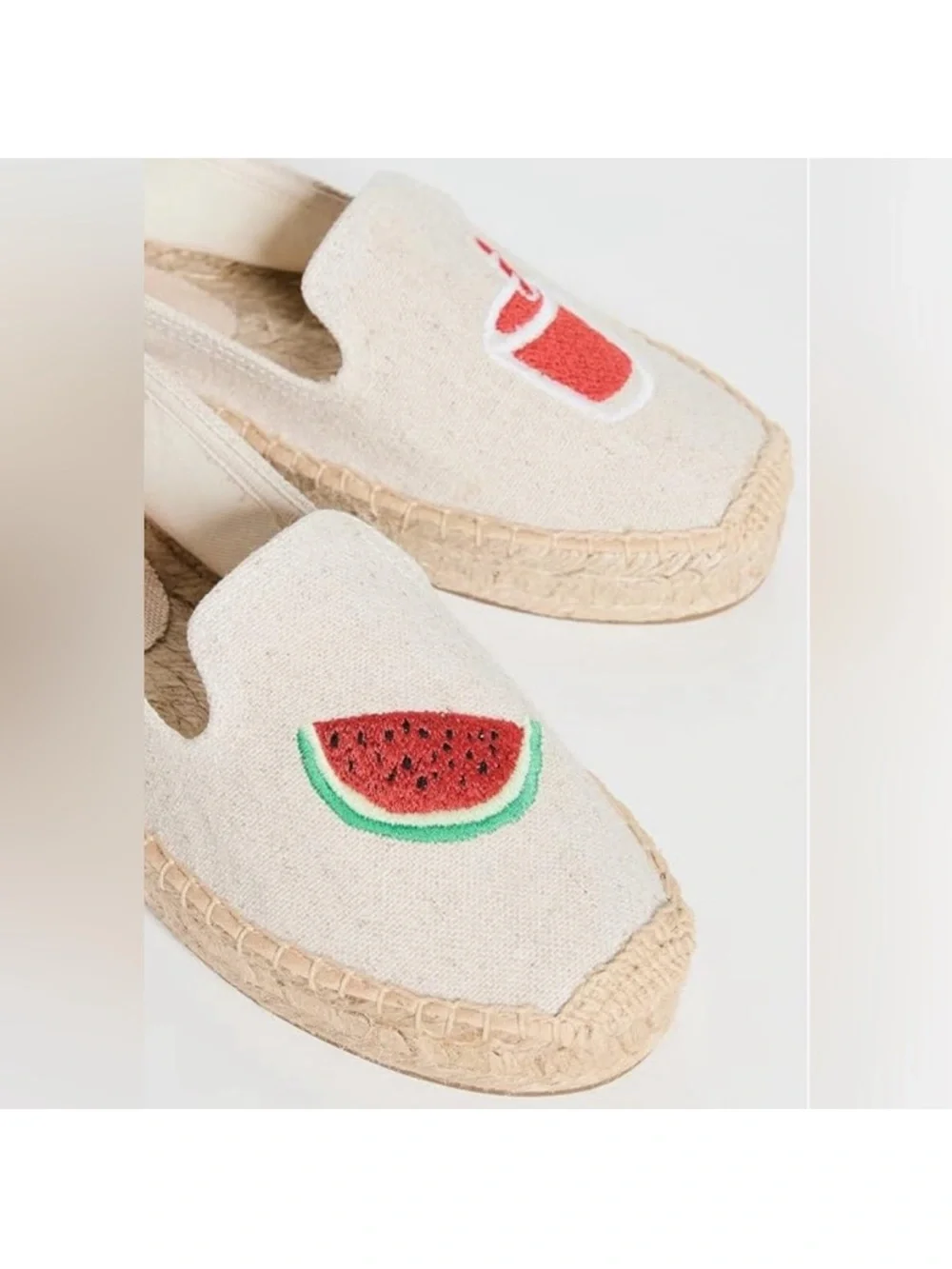 Soludos Cream Canvas Espadrille Slip-Ons with Watermelon cocktail Embroidery NIB